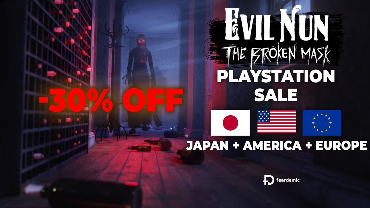 We're back with another sale for Japan, America, and Europe! This time you'll grab Evil Nun: The Broken Mask for #PlayStation at an incredible -30% DISCOUNT! #horror #ps4 #ps5 #indiegames #indiedev #horrorgames #gamedev #evilnun