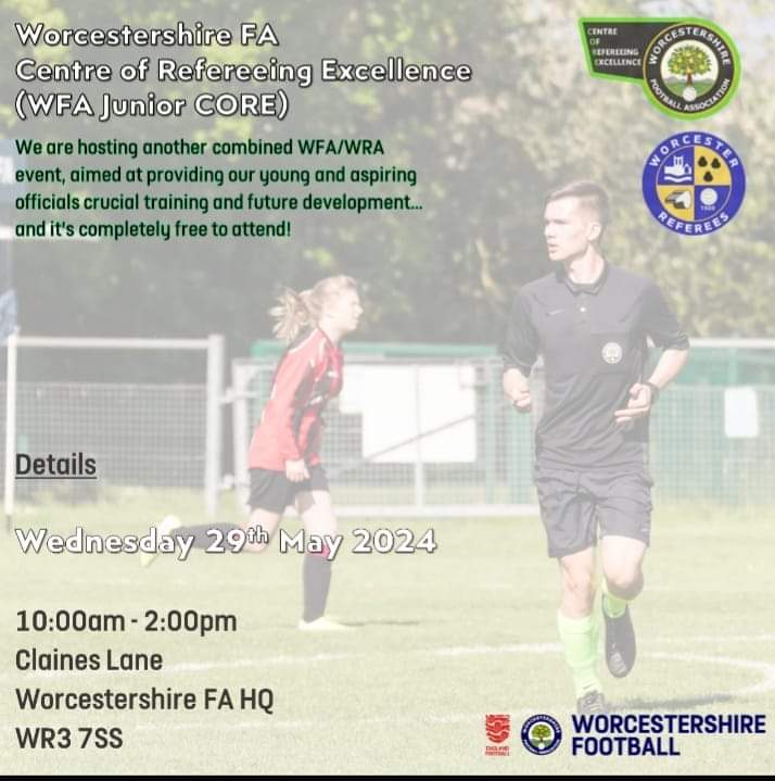 WorcesterRefs's tweet photo. It's not too late to sign up to the latest Junior Core Development Group meeting which will take place this Wednesday. 
10am until 2pm.  
For further details contact 
jack.shepherd@worcestershirefa.com or leave us a message here.
#WorcestershireHour #referees #grassroots https://t.co/hvAqwUCpQv