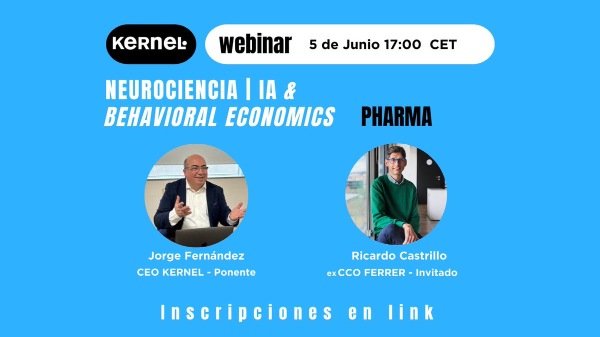 KernelBC's tweet photo. 🚀 ¡NO TE LO PIERDAS! 🚀 Este 5 de junio te invitamos a un webinar gratuito sobre #neurociencia, #behavioraleconomics y #artificialIntelligence , dirigido al sector #Pharma by @jorge_fedez. ¡Inscripciones abiertas! 👉https://t.co/8zqinGRx80 https://t.co/2BfR09eRwA