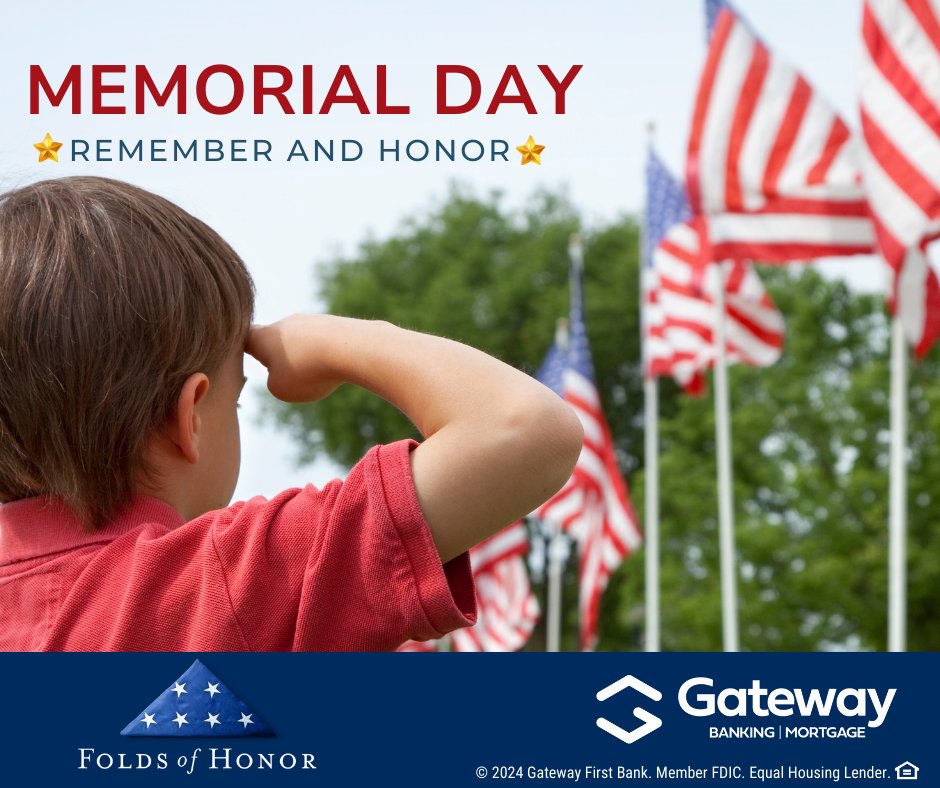 gatewayloan's tweet image. On this Memorial Day, we honor the courageous men and women who made the ultimate sacrifice for our country. That’s why we partner with Folds of Honor. For every mortgage loan closed, Gateway makes a meaningful contribution to honor their legacy. #MemorialDay #FoldsofHonor