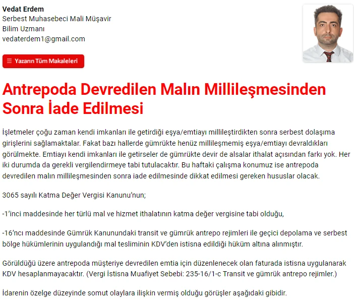 SMMM Vedat Erdem - Antrepoda Devredilen Malın Millileşmesinden Sonra İade Edilmesi
muhasebetr.com/yazarlarimiz/v…