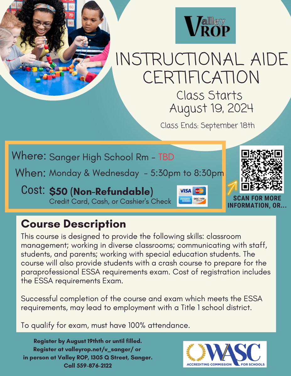 statecenteraec's tweet photo. Join Sanger Adult School and Valley ROP for their upcoming Instructional Aide Certification course!
Register at https://t.co/VsDOGn3Rf5 or scan the QR code for more information.
#SCAEC #AdultEd #SangerAdultSchool #VROP #Paraprofessional #InstructionalAide https://t.co/VLDiAvHplc