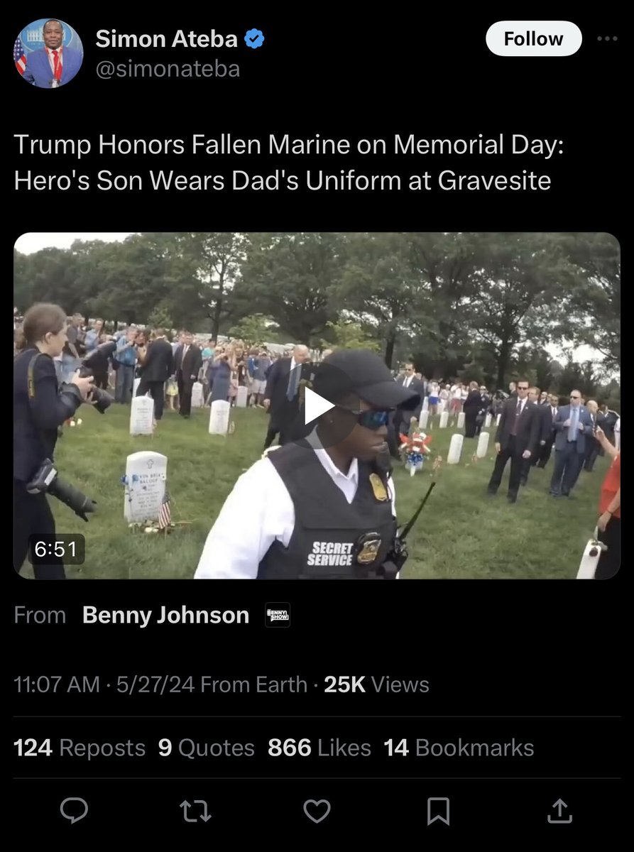 🚨🚨MAGA influencers like Benny Johnson and Simon Ateba are sharing a years old video of Trump visiting the grave of a fallen Marine and presenting it as happening today. If you watch the video, you’ll see Mike Pence is there. They do this to hide the reality that Trump is