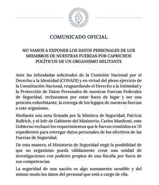 Patricia Bullrich le negó a la CoNaDI el acceso a legajos de efectivos de las fuerzas de seguridad federales para investigar el destino de bebés robados durante el terrorismo de Estado.

El gobierno atenta contra la búsqueda de verdad y justicia por los crímenes de la dictadura.