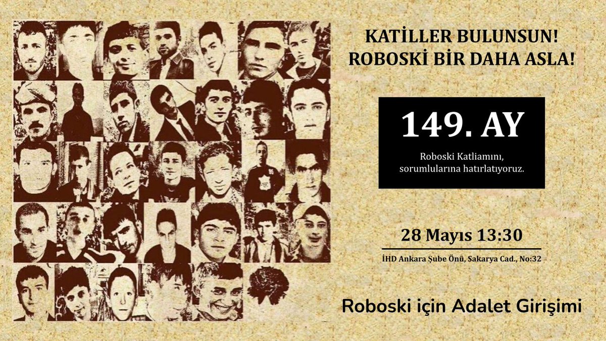 ihdankara's tweet image. Roboski Katliamı 149. Ay Basın Açıklaması 28 Mayıs Salı, Saat:13.30&apos;da İHD Ankara Şube Önünde yapılacaktır.
Yer: Sakarya Cad. No:32
#KatillerBulunsunRoboskiBirDahaAsla
#RoboskiİçinAdalet