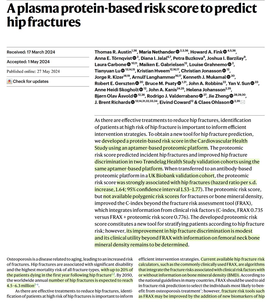 The ability to predict hip fractures just went to a new level nature.com/articles/s4358… A proteomic risk score was found to be strongly predictive of incident hip fractures in multiple independent populations @NatureAging