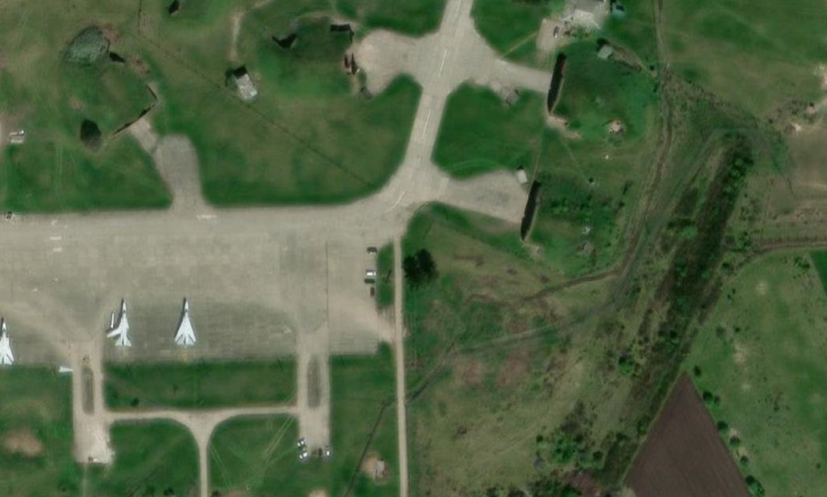 The second possible impact spot is here: 49.741266, 27.280734. The bright spot right next to it is an aircraft, before the war retired Su-24s were stored around this area. On the right Maxar sat photo from 2 May 2023 for comparison.