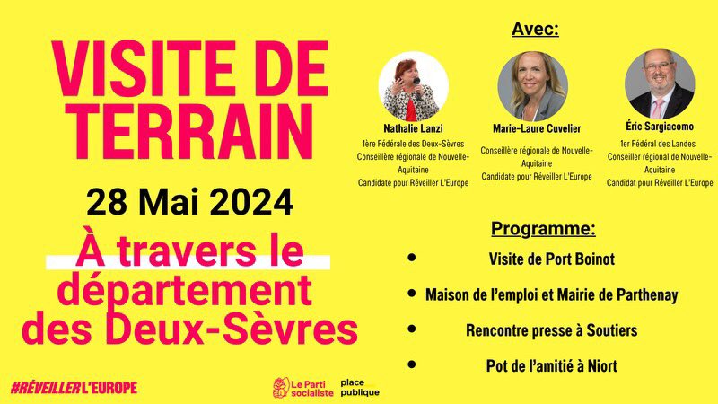 🔴 A VOS AGENDAS ⤵️ 🇪🇺Demain avec @EricSargiacomo & @mlcuv nous allons à votre rencontre dans ce beau département des Deux-Sèvres pour #reveillerleurope. 🗳️Nous échangerons sur le programme de @rglucks1 et construire une #Europe sociale et solidaire dans les territoires.