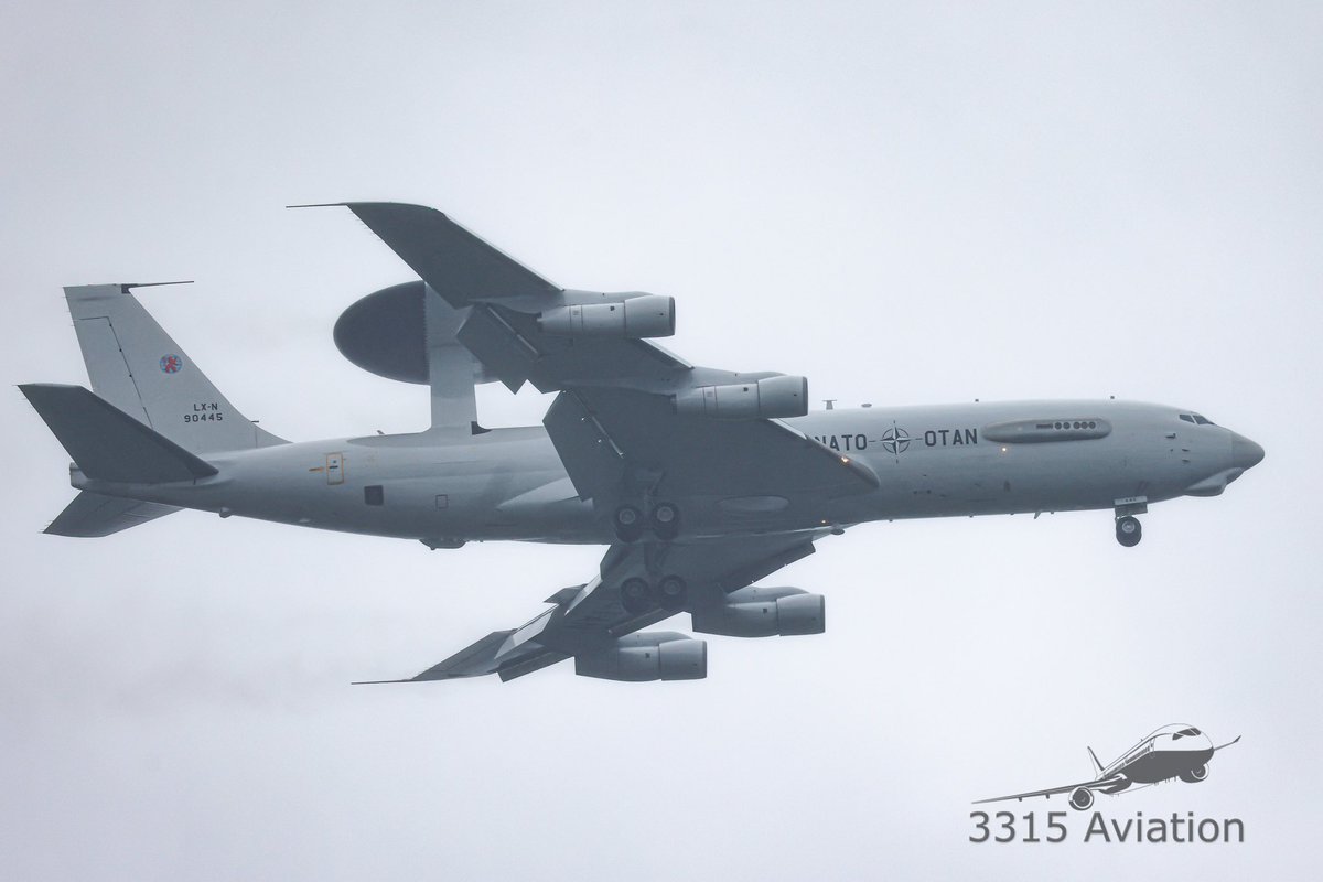 The @NATO_AIRCOM E3TF breaking through the overcast skies for a quick pit stop at @flybgr for lobster, whoopie pies and maybe some fuel. #planespotter