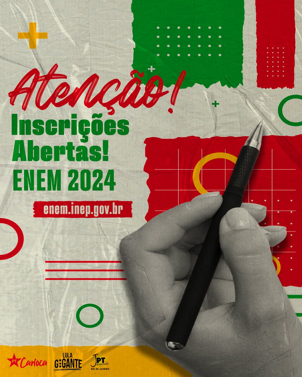 Atenção, galera!🚨🚨

As inscrições para o Enem 2024 começam nesta 2ª feira (27.mai) e vão até 7 de junho!.

Corra lá na página do participante do Inep e garanta sua vaga! A taxa é de R$ 85 e deve ser paga até 12 de junho.