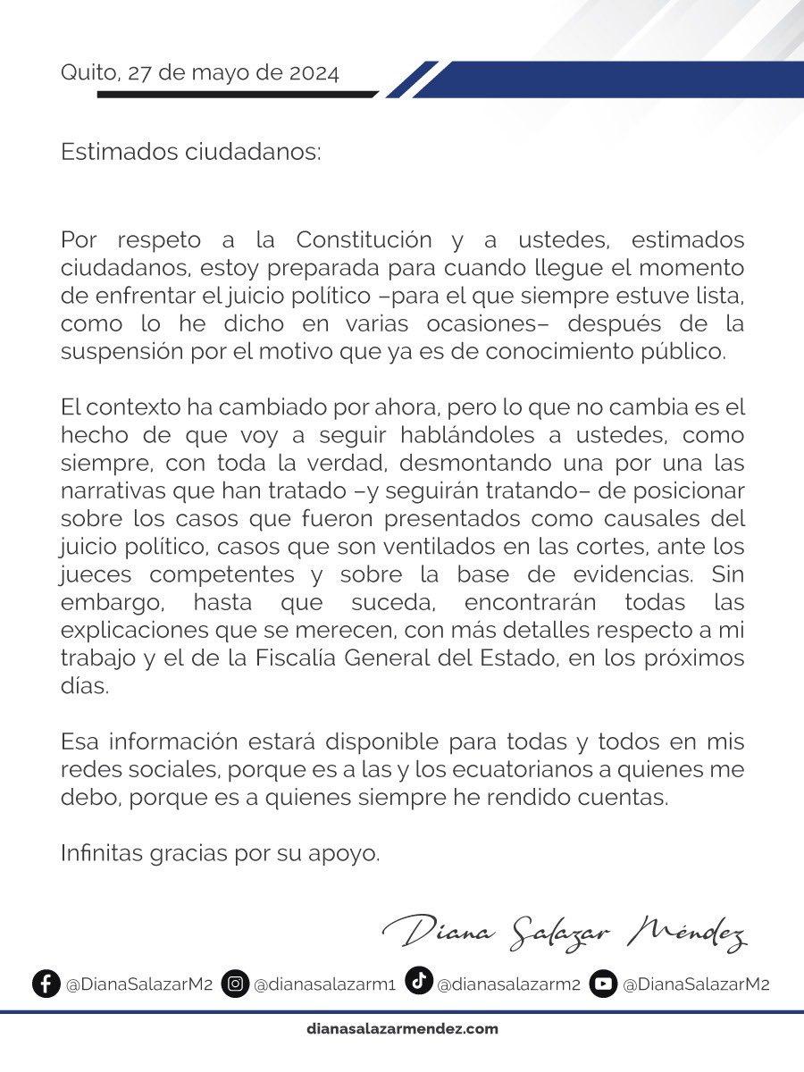 La fiscal general del Estado Diana Salazar asegura que “está preparada para cuando llegue el momento de enfrentar el juicio político”. Además, afirma que expondrá información sobre su trabajo y el de Fiscalía en los próximos días.