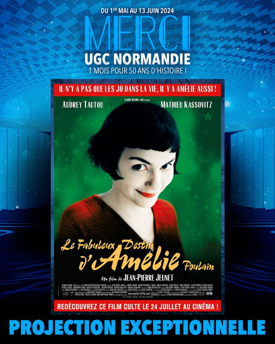 Projection exceptionnelle du Fabuleux Destin D’Amélie Poulain le vendredi 31 mai 😍
En présence de l'équipe du film et avec une masterclass de Jean-Pierre Jeunet 🎬
#merciUGCnormandie 💙Réservez vos places 👉bit.ly/ugcnormandie