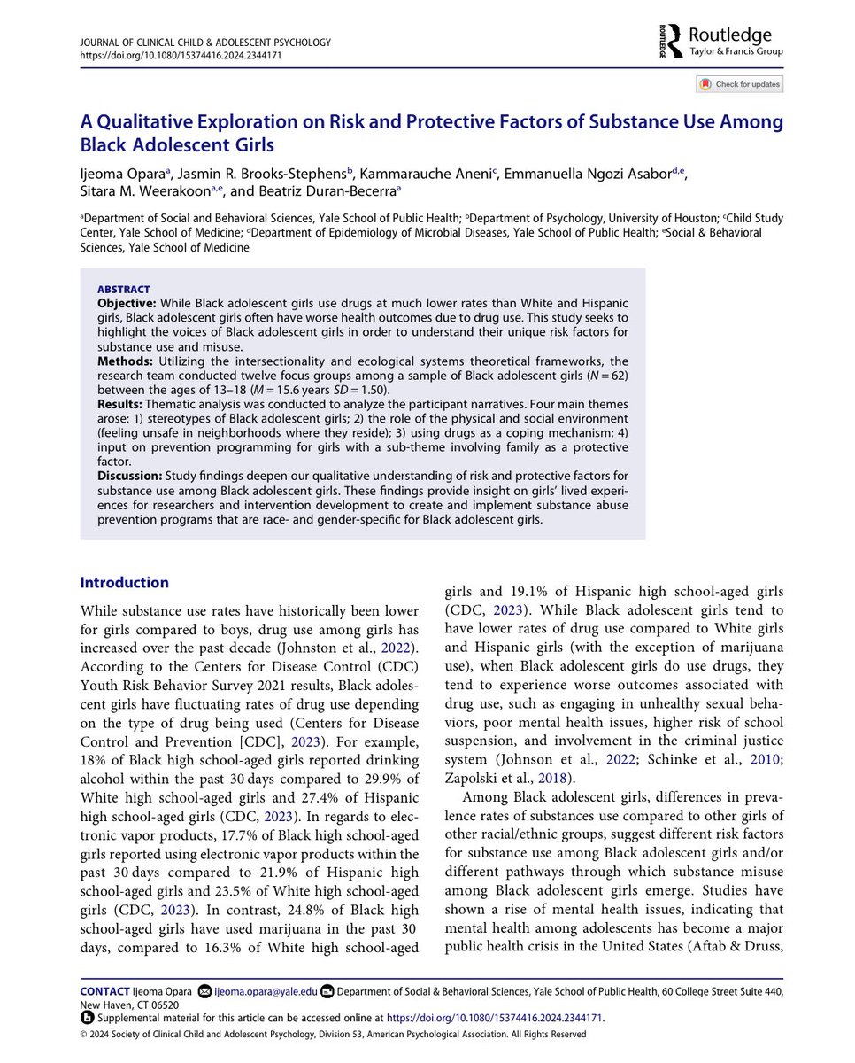 Our first paper from the Dreamer Girls Project qualitative study is published! I’m so grateful for the girls who trusted us with their stories & their ideas for substance use prevention! This was truly a labor of love 🥰🙏🏾 @JasminBStephens @EmmanuellaMDPhD @uanenimd @thesashlab