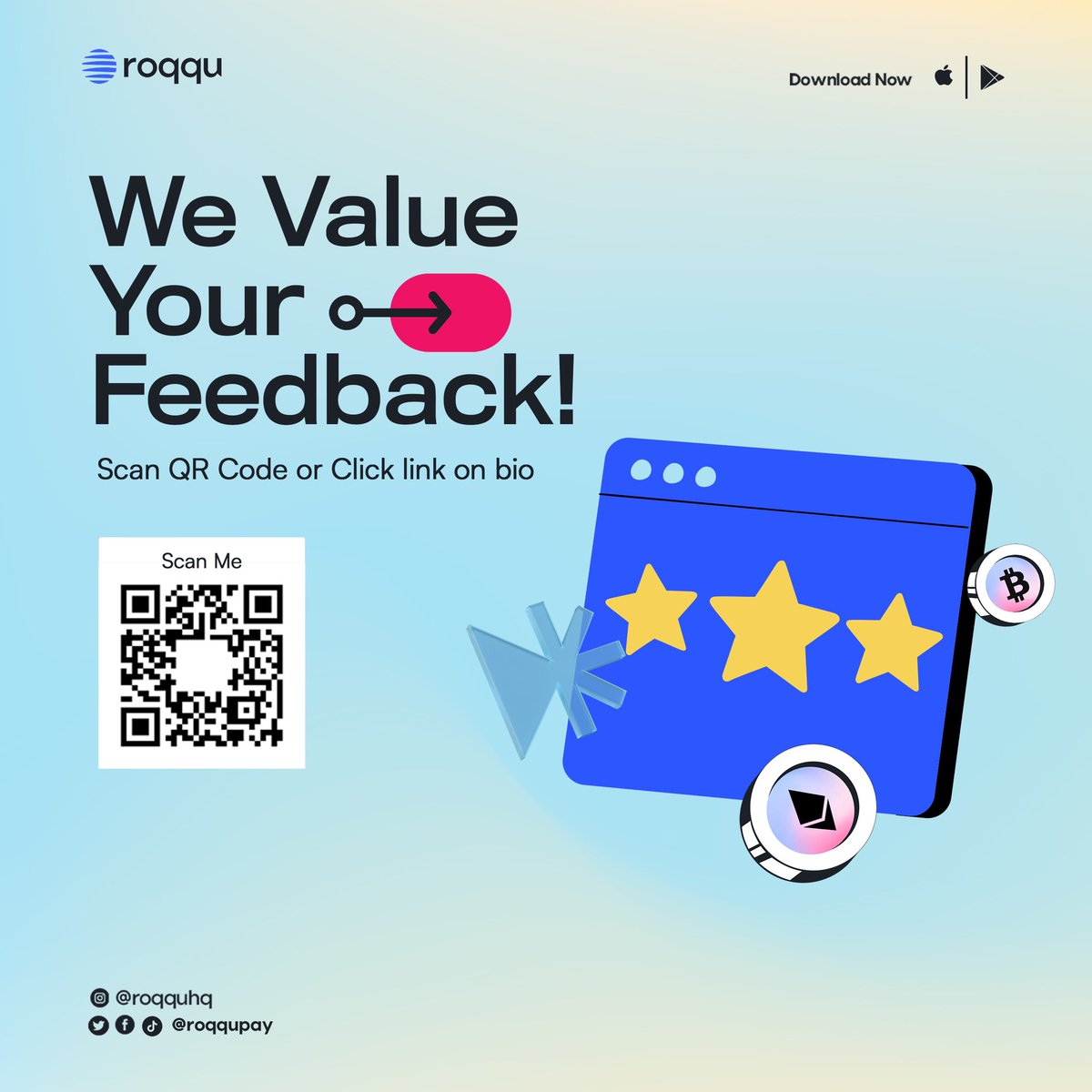 Hello Roqquian We Value Your Feedback! Help us serve you better by taking a few minutes to fill out our customer survey. Your opinions and suggestions are important to us! Scan QR code or Click link in our bio to fill the survey. #userfeedback #survery #Roqqudeyforyou