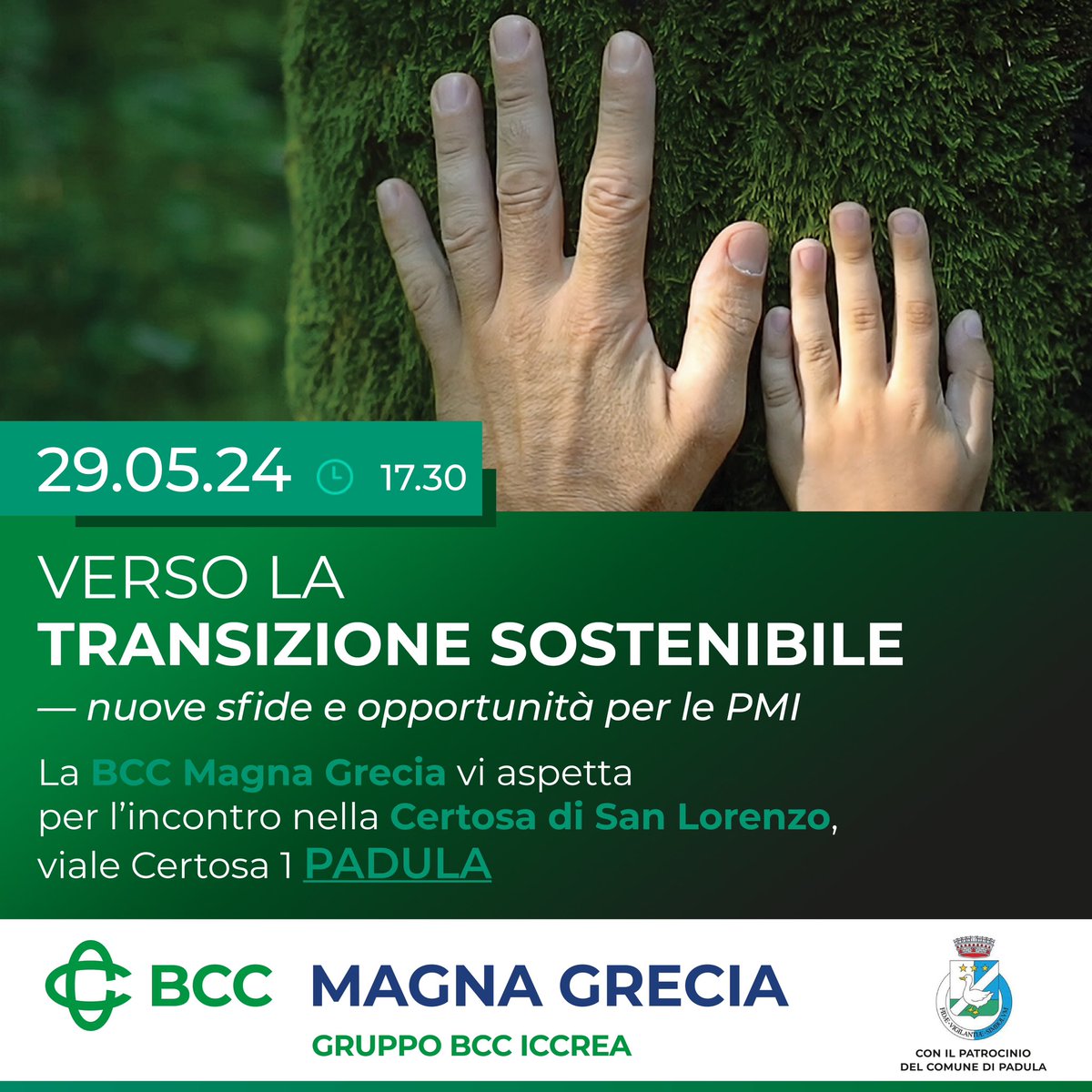 🟢SAVE THE DATE
Mercoledì 29 maggio – Convegno ESG – Verso la #transizionesostenibile.
Nuove sfide e opportunità per le #PMI - Ore 17:30 – #certosadipadula

Vi aspettiamo! 
Approfondisci qui > bit.ly/3KDq6pv