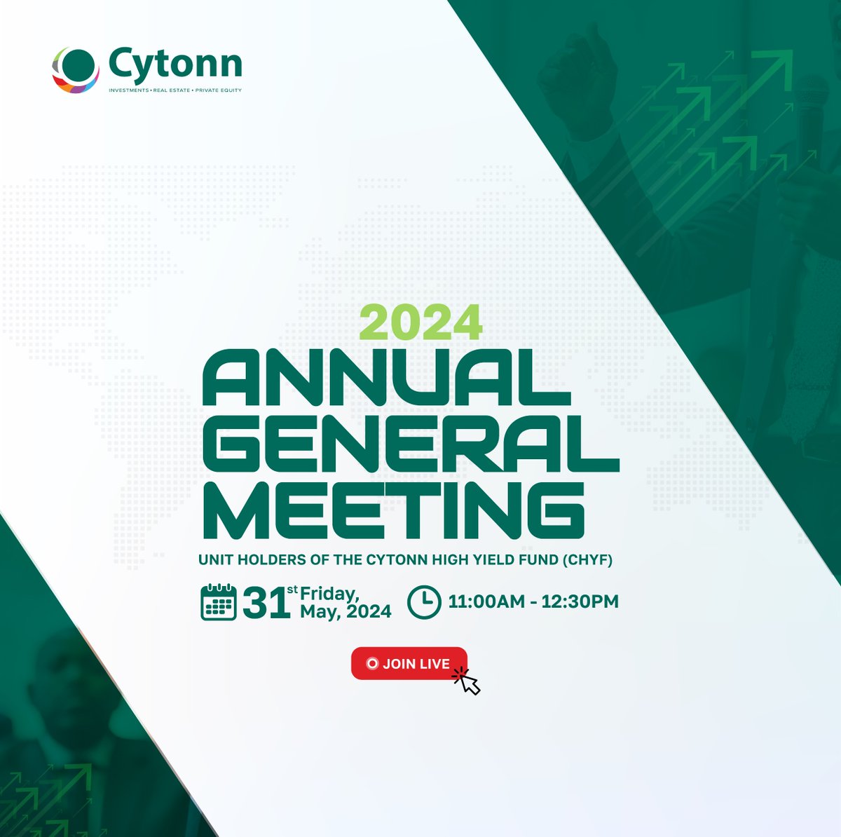 Join us for the 2024 Annual General Meeting AGM for our 6th Cytonn High Yield Fund, held virtually on Friday, 31st May 2024, from 11:00 AM to 12:30 AM via the link: us02web.zoom.us/meeting/regist…

Key Details:
Date: Friday, 31st May 2024
Time: 11:00 AM - 12:30 AM
Link: