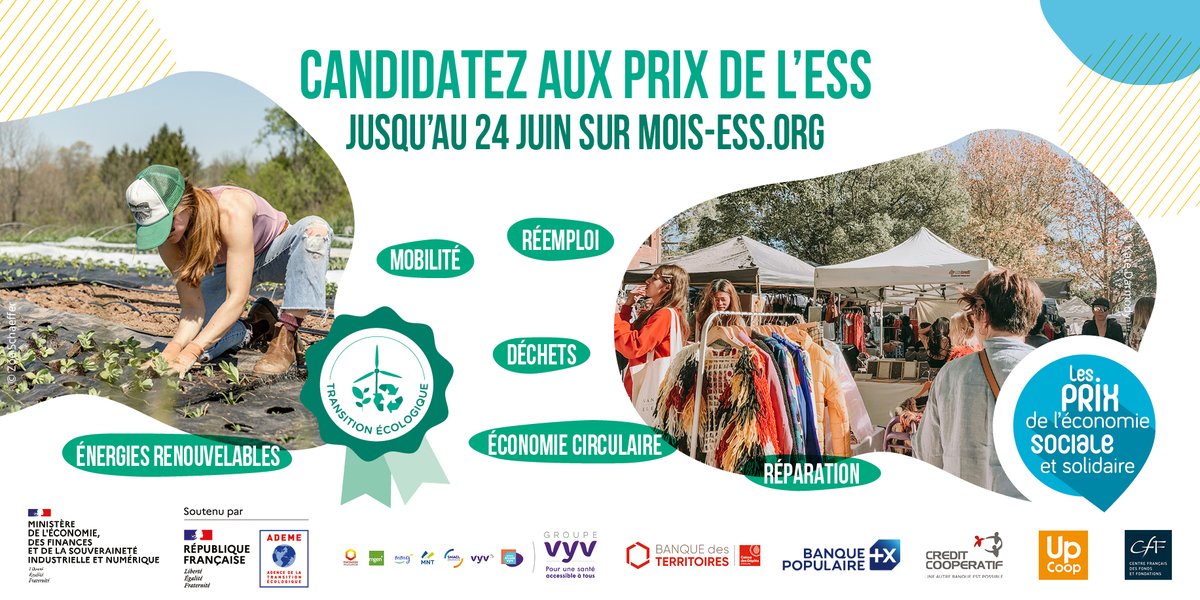 Les #PrixESS s’adressent à toutes les structures #ESS ayant moins de 2 ans d’ancienneté.
Les thématiques pour les Prix :
#UtilitéSociale : culture, égalité femmes-hommes, santé
#TransitionÉcologique : réemploi, économie circulaire etc.. 
Candidatez ici : mois-ess.org/candidater