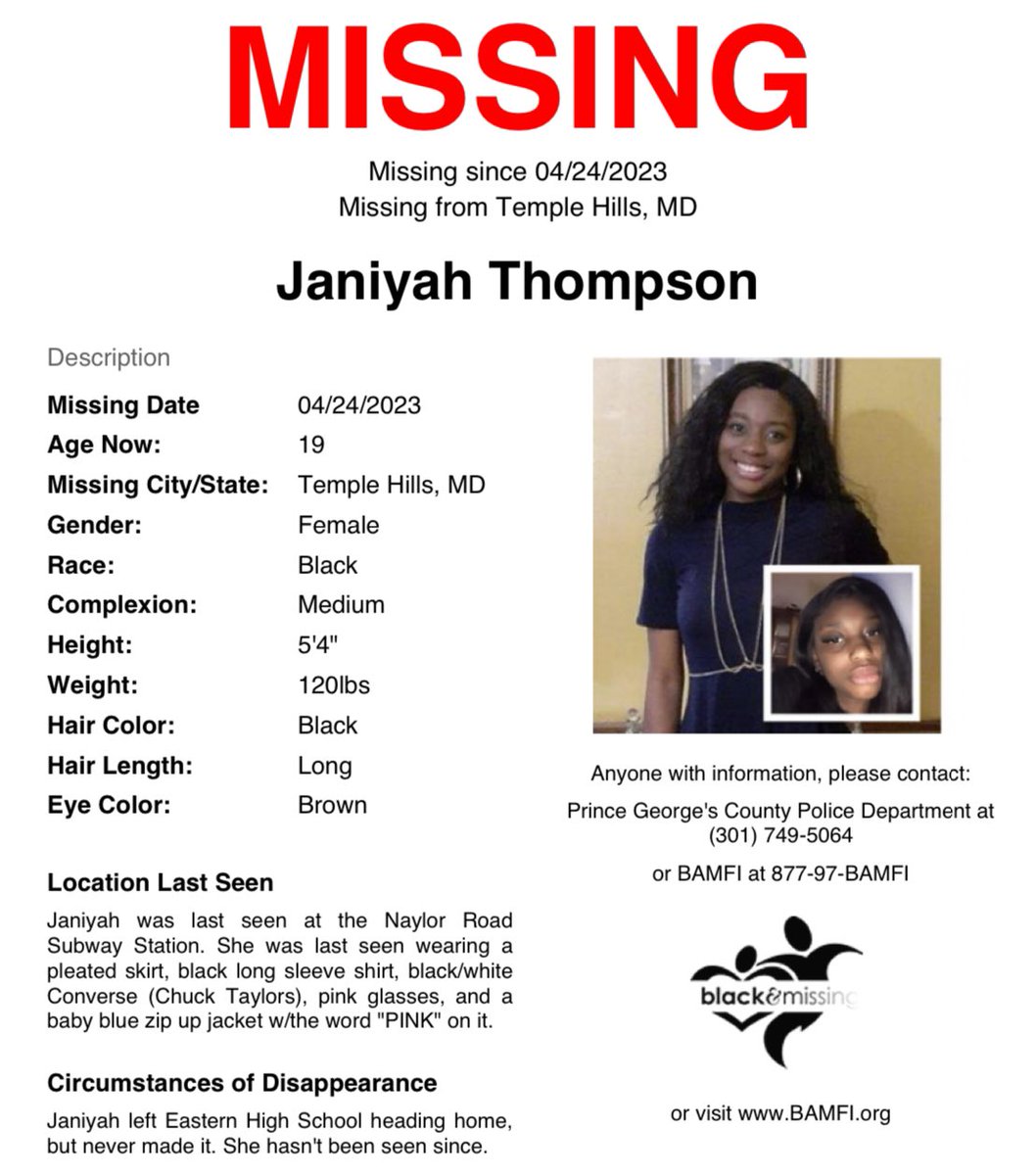 #TempleHills, #MD: 19y/o Janiyah Thompson is STILL missing & has been since April 24th, 2023. She was last seen at the Naylor Rd Subway Station heading home from Eastern High School but never made it. She hasn’t been seen since. #HelpUsFindJaniyahThompson #JaniyahThompson