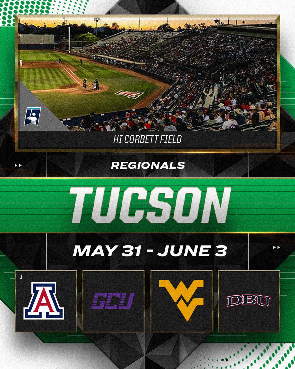 Tucson Regional

(13) <a href="/ArizonaBaseball/">Arizona Baseball</a> 
<a href="/GCU_Baseball/">Grand Canyon Baseball</a>
<a href="/WVUBaseball/">WVU Baseball</a>
<a href="/DBU_Baseball/">DBU Baseball</a>

#RoadToOmaha