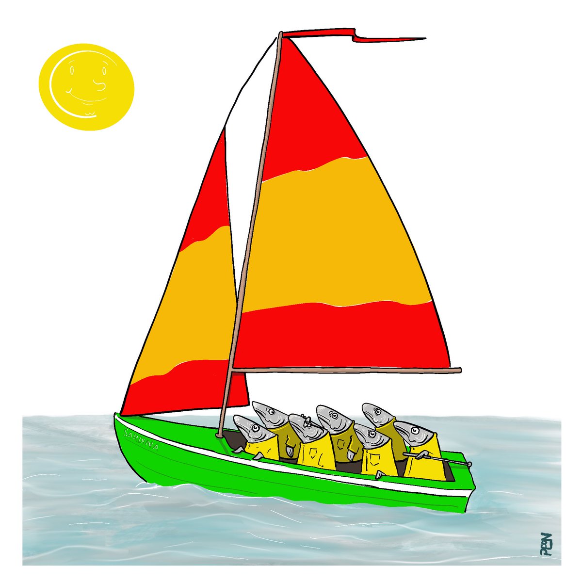 Bring me the horizon! It’s time for #AnimalAlphabets 
Channeling my inner #richardscarry ‘7 Spanish sardines on a sailboat’
Thank you @AnimalAlphabets #digitalart #illustration #peon #sailboat 🚤