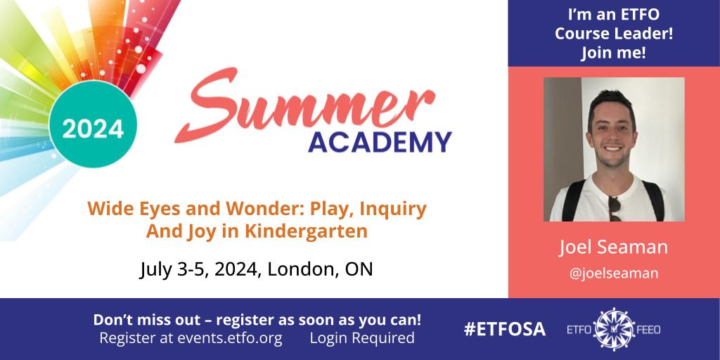 Joel Seaman (@joelseaman) on Twitter photo Hey London, ON - I'm coming your way this summer as part of <a href="/ETFOeducators/">Elementary Educators</a> Summer Academy. I'm so excited to lead a three day course on all things Kindergarten and play-based learning (July 3, 4, 5 - 2024). Registration now open here: events.etfo.org Hey London, ON - I'm coming your way this summer as part of <a href="/ETFOeducators/">Elementary Educators</a> Summer Academy. I'm so excited to lead a three day course on all things Kindergarten and play-based learning (July 3, 4, 5 - 2024). Registration now open here: events.etfo.org