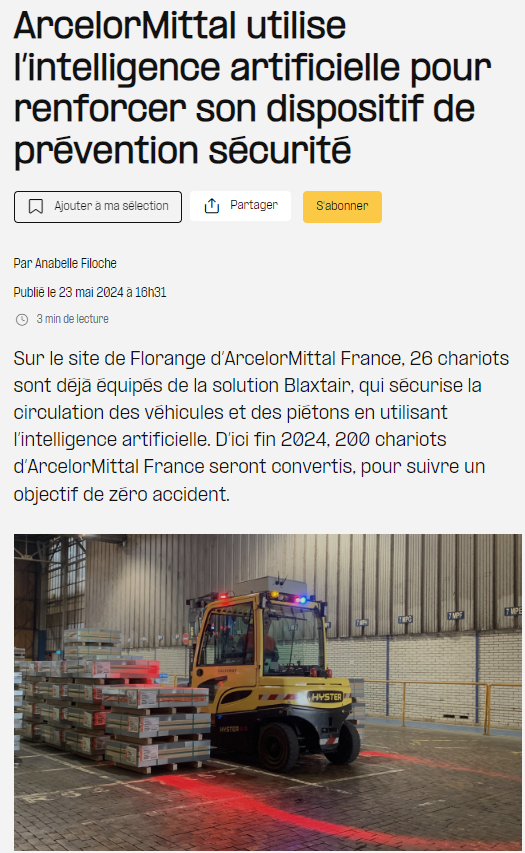 Arcure Blaxtair (@blaxtair) on Twitter photo Merci <a href="/ArcelorMittalF/">ArcelorMittal France</a> de mettre en lumière l'implantation des technologies d'#IA <a href="/blaxtair/">Arcure Blaxtair</a> dans les sites 🇫🇷, dans le cadre de leur déploiement mondial.
Fiers d'être un "standard" pour la sécurité et d'être engagés à vos côtés ! 🦺🤝
#safetyfirst #HSE
👉tinyurl.com/yckfpu22 Merci <a href="/ArcelorMittalF/">ArcelorMittal France</a> de mettre en lumière l'implantation des technologies d'#IA <a href="/blaxtair/">Arcure Blaxtair</a> dans les sites 🇫🇷, dans le cadre de leur déploiement mondial.
Fiers d'être un "standard" pour la sécurité et d'être engagés à vos côtés ! 🦺🤝
#safetyfirst #HSE
👉tinyurl.com/yckfpu22