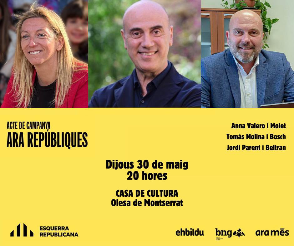 ERC Olesa Montserrat (@esquerraolesa) on Twitter photo ‼️ Ens veiem dijous 30 a les 20h. a la Casa de Cultura. No us ho perdeu!! Ens trobareu amb els companys <a href="/avaler4_anna/">Anna</a> <a href="/Jordiparent/">jordi Parent</a> <a href="/TomasMolinaB/">Tomàs Molina</a> ‼️ Ens veiem dijous 30 a les 20h. a la Casa de Cultura. No us ho perdeu!! Ens trobareu amb els companys <a href="/avaler4_anna/">Anna</a> <a href="/Jordiparent/">jordi Parent</a> <a href="/TomasMolinaB/">Tomàs Molina</a>