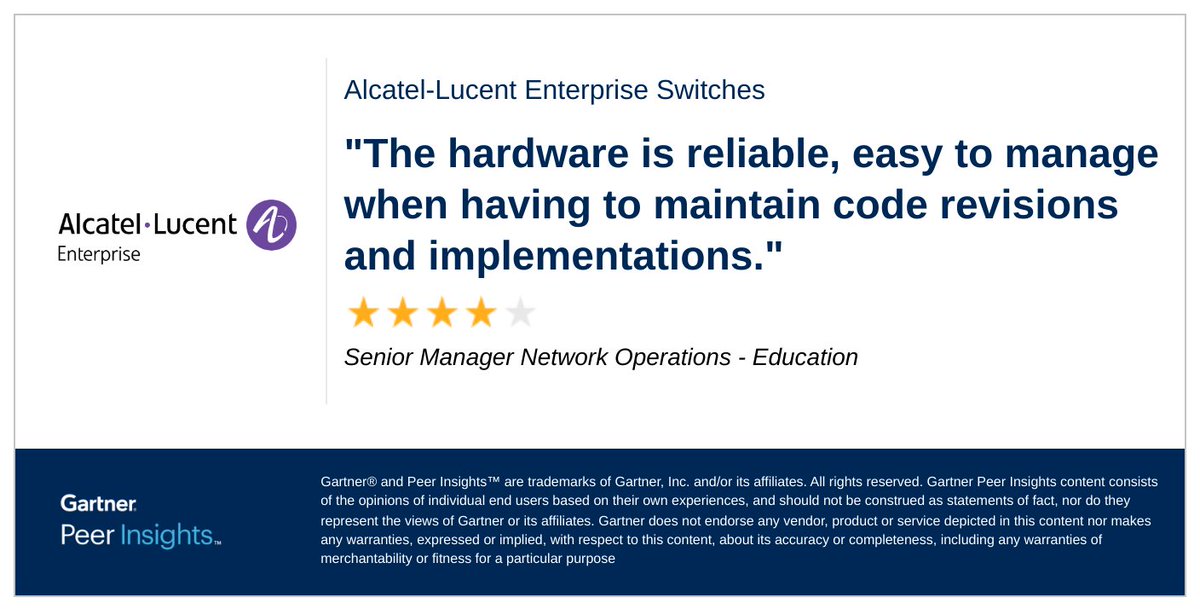 Senior Manager Network Operations in the Education Industry gives Alcatel-Lucent Enterprise Switches 4/5 Rating in Gartner Peer Insights™ Enterprise Wired and Wireless LAN Infrastructure Market. Read the full review here: gtnr.io/0nbEiIRPB #gartnerpeerinsights