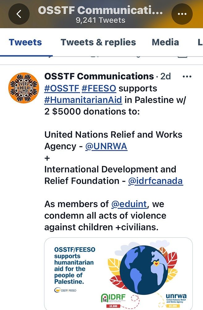 This is not the first time @OSSTF has taken a divisive stance. This a reminder that in 2021, the OSSTF donated $5000 of union members' dues to #UNRWA without members voting on it, let alone membership being made aware of it till they read it on Twitter.