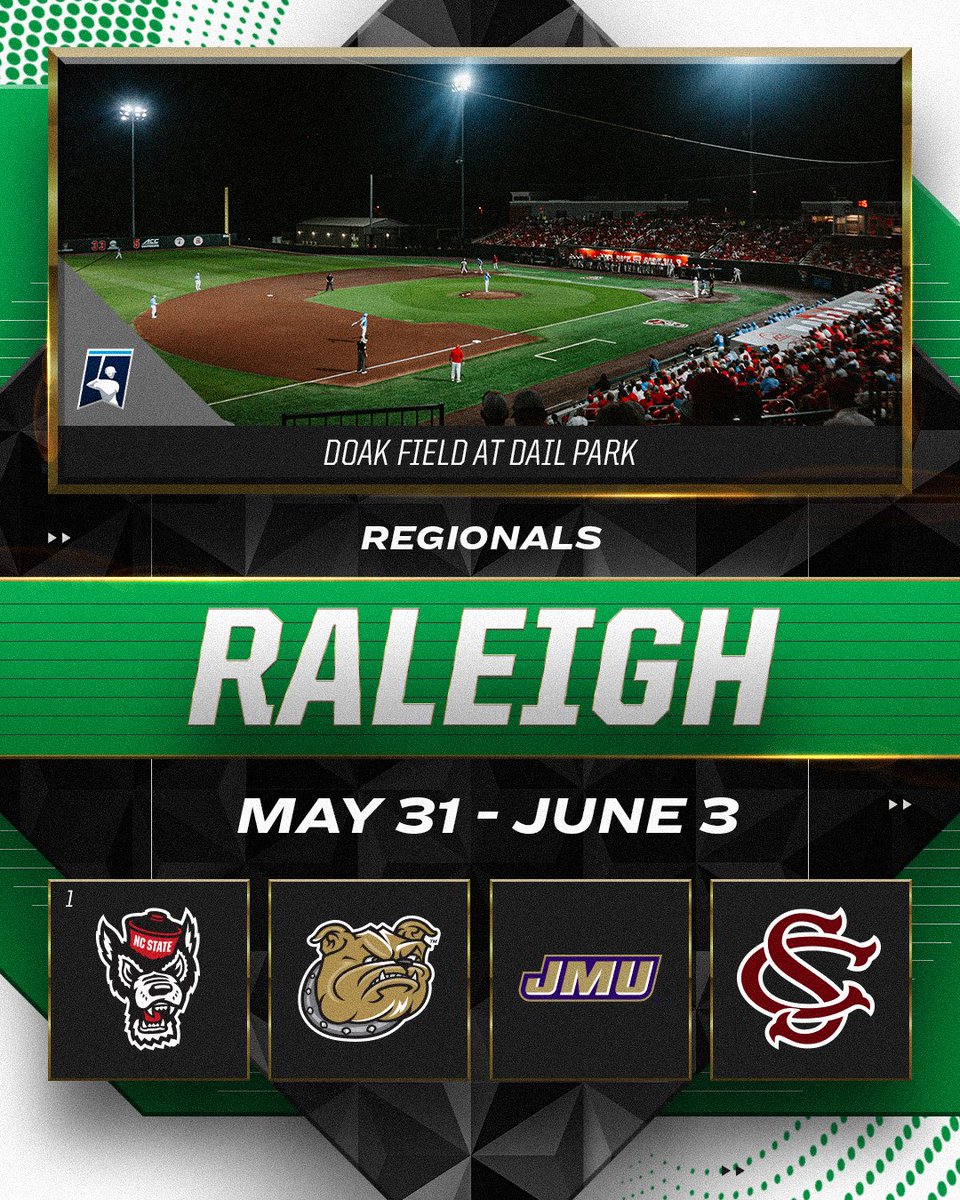 Raleigh Regional

(10) <a href="/NCStateBaseball/">#Pack9 ⚾️</a> 
<a href="/_BryantBaseball/">Bryant Baseball</a> 
<a href="/JMUBaseball/">JMU Baseball</a> 
@GamecockBasebll 

#RoadToOmaha