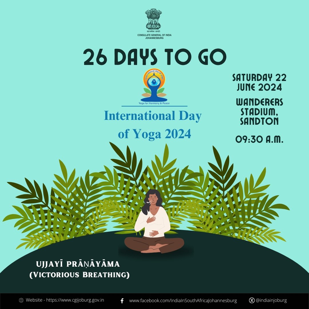 #Countdown 
26 Days to Go for #YogaDay2024 celebration in Johannesburg. 
Today's Asana is 'Ujjayi Pranayama'
Hurry up and register now 👇
zaf.phylaxis.ai/yogaforlife