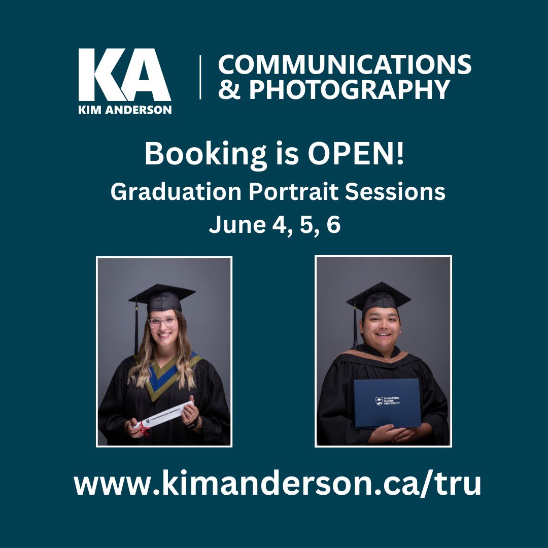 Book your official TRU Graduation Portrait today! I’ll be at all June Convocation ceremonies! kimanderson.ca/tru #mytru @thompsonriversu @alumnitru @TRUResearch @GoTRUWolfPack @trustudentlife #kamloops