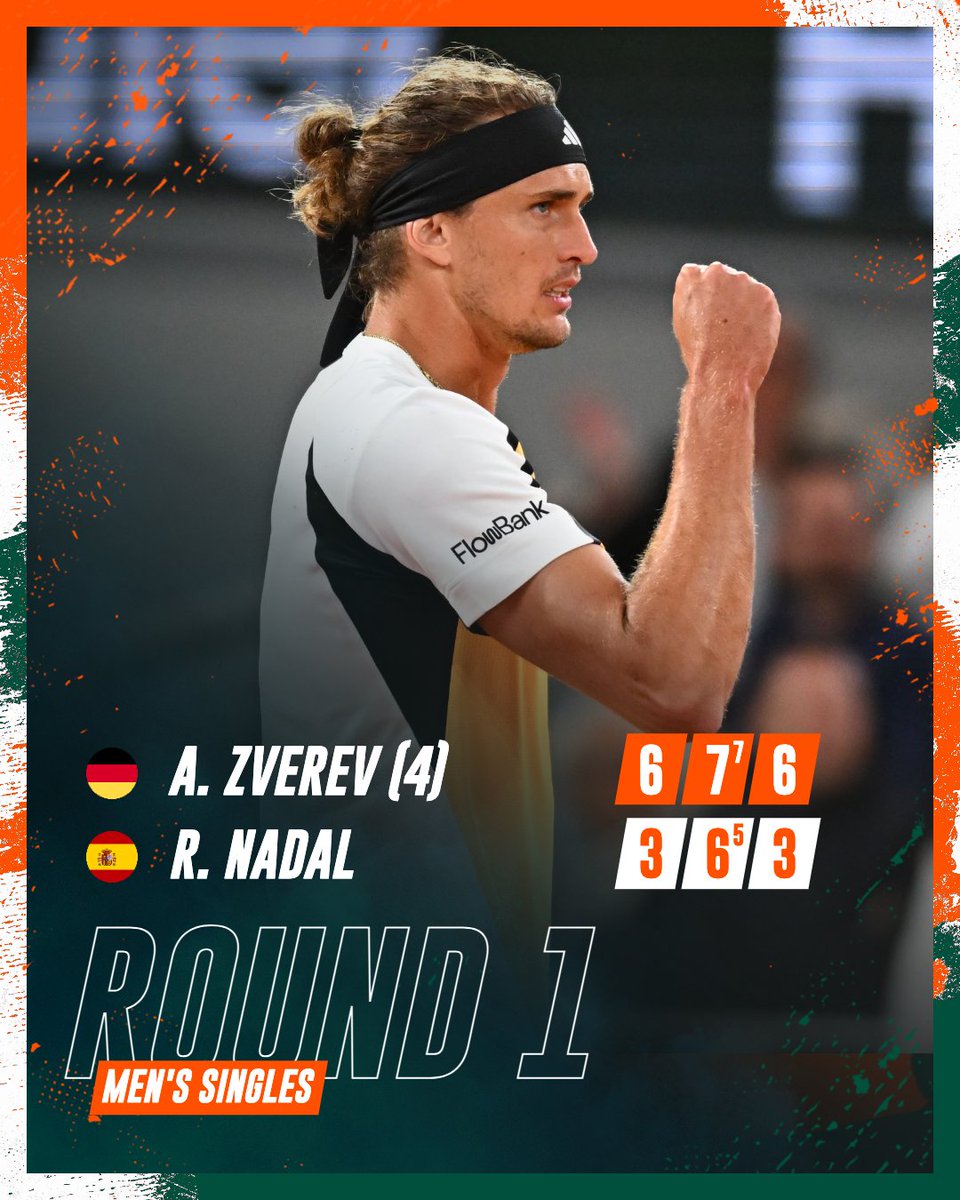 rolandgarros's tweet photo. Two years after their epic unfinished match, Zverev hands Nadal his first-ever first-round defeat at Roland-Garros 🤯 

#RolandGarros https://t.co/OGsZ2RoQuc