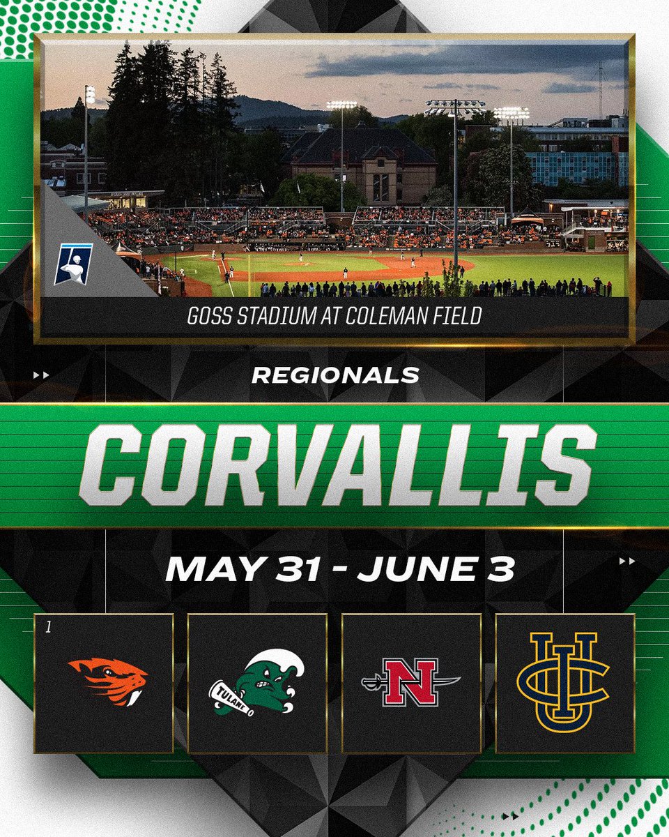 Corvallis Regional

(15) <a href="/BeaverBaseball/">Oregon State Baseball</a> 
<a href="/GreenWaveBSB/">Tulane Baseball</a> 
<a href="/Nicholls_BSB/">Nicholls Baseball</a> 
<a href="/UCIbsb/">UCI Baseball</a> 

#RoadToOmaha