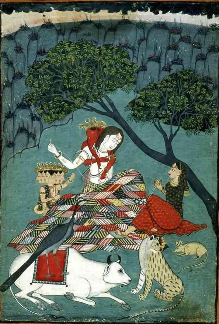 Lord Shiva and Parvati are busy patching and quilting together, with Karttikeya assisting while Ganesha hugging his father.

-Shiv and Parvati at work as a family.  
18th Century, #Mandi
Kangra Miniature Painting
Himachal Pradesh

#Visualart