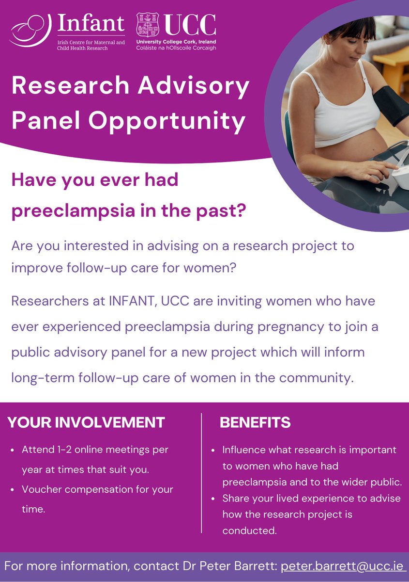 📢Ever had preeclampsia before? 📢Interested in shaping the future of follow up care after pregnancy? We are looking for women with lived experience of preeclampsia, at any time, anywhere in Ireland, to advise our @infantcentre research team on an exciting new project. (1/3)