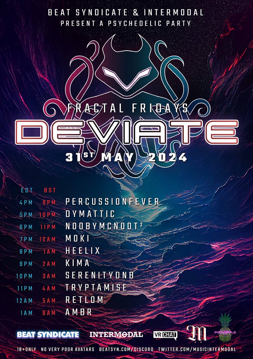 This Friday at #DeviateVRC: Our monthly @beat_syn and @MusicIntermodal collaboration is back with a vengeance!