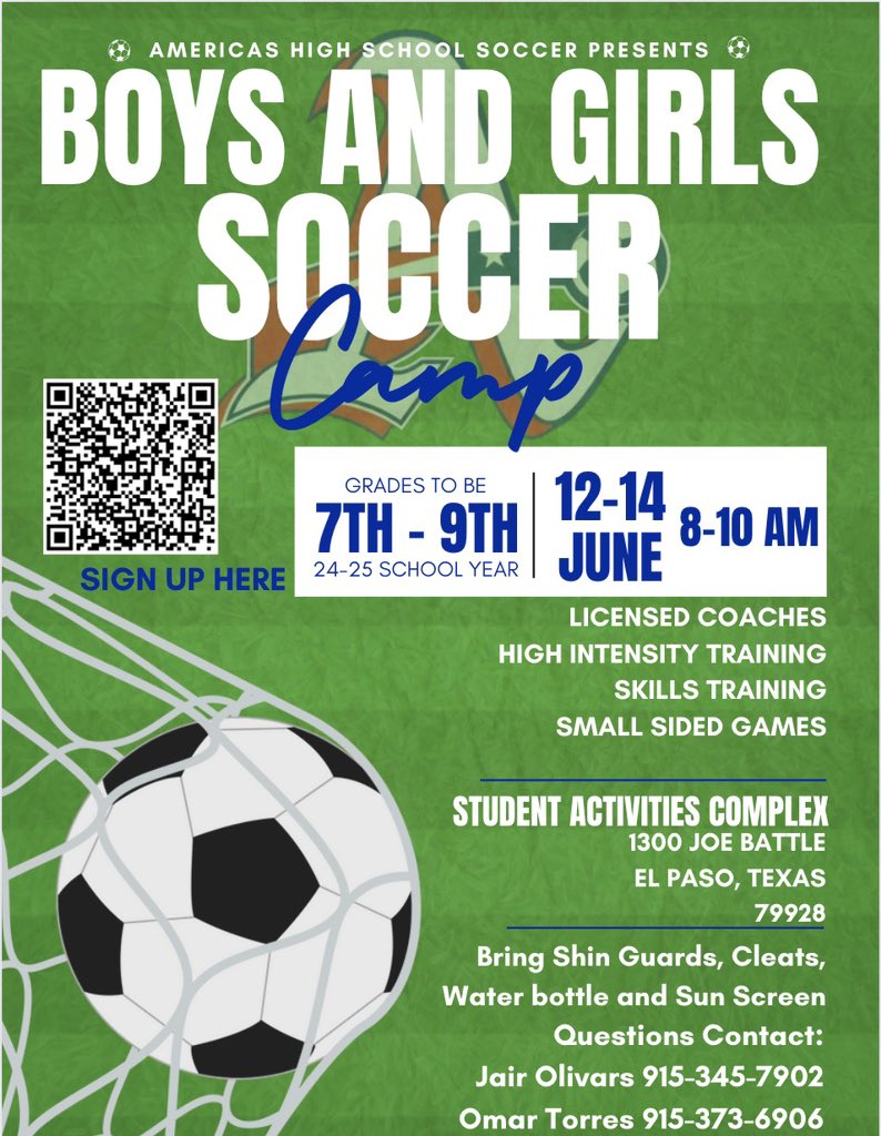 A couple weeks away to come and have some fun and learn from the best in El Paso!!! forms.office.com/Pages/Response… @Americas_HS @Coach_NoeRobles @Girls_SoccerAHS @Soccer_AHS_boys #Family #BetterTogether