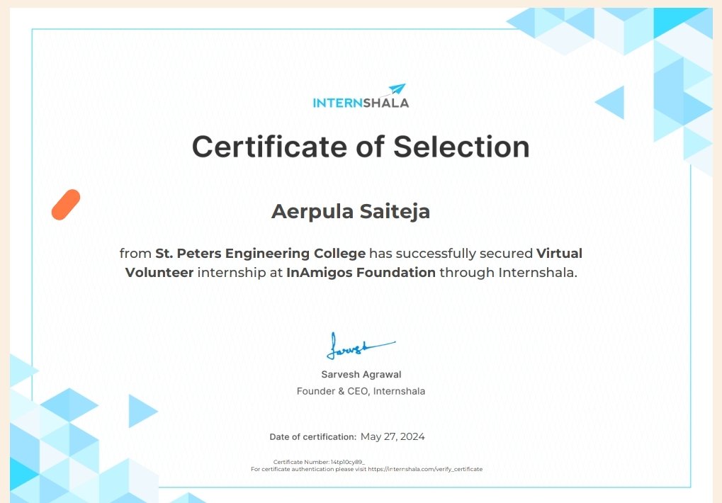 'Excited to announce that I've been selected for a virtual volunteer internship with @InAmigosFoundation through @Internshala! Looking forward to contributing to their important work. #VirtualVolunteering #InternshipOpportunity'