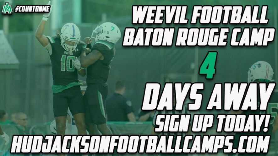 HUD JACKSON FOOTBALL CAMPS-BATON ROUGE CAMP IS ONLY 4 DAYS AWAY! 📍East Ascension High School 📅 May 31st ⏰Check-In 11:30 AM - 1:00 PM Sign Up Today!!! hudjacksonfootballcamps.com