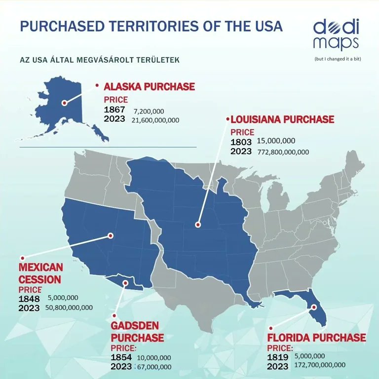 Where, when, how much and from which country, the U.S. purchased its territories (bonus: estimated actualized price). [🗺️ dodimaps]