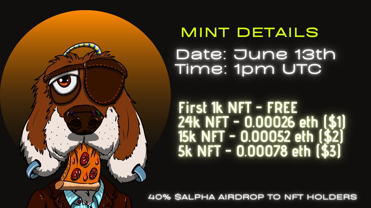 We are glad to announce that Blast Alpha Membership NFT Mint will go live June 13th at 1pm UTC. 

👉 40% $ALPHA will be airdropped to NFT holders. 

👉 All funds raised from mint will be added to LP.

RT and comment ETH address for a FREE NFT and $ALPHA Airdrop 👇

$ALPHA is a