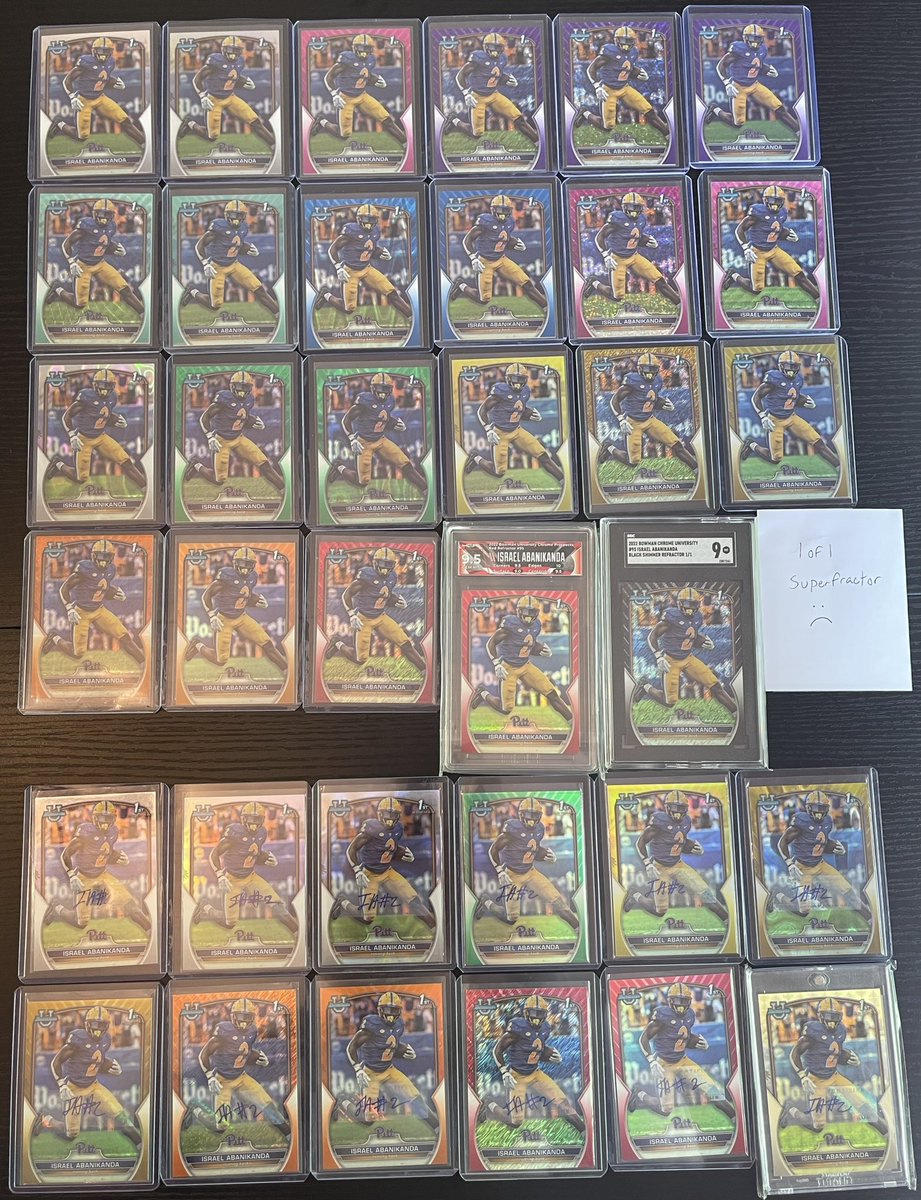 @Iminsearchof Looking for the 2022 Bowman Chrome U Israel Abanikanda 1/1 Superfractor Non-Auto to finish out the rainbow.
