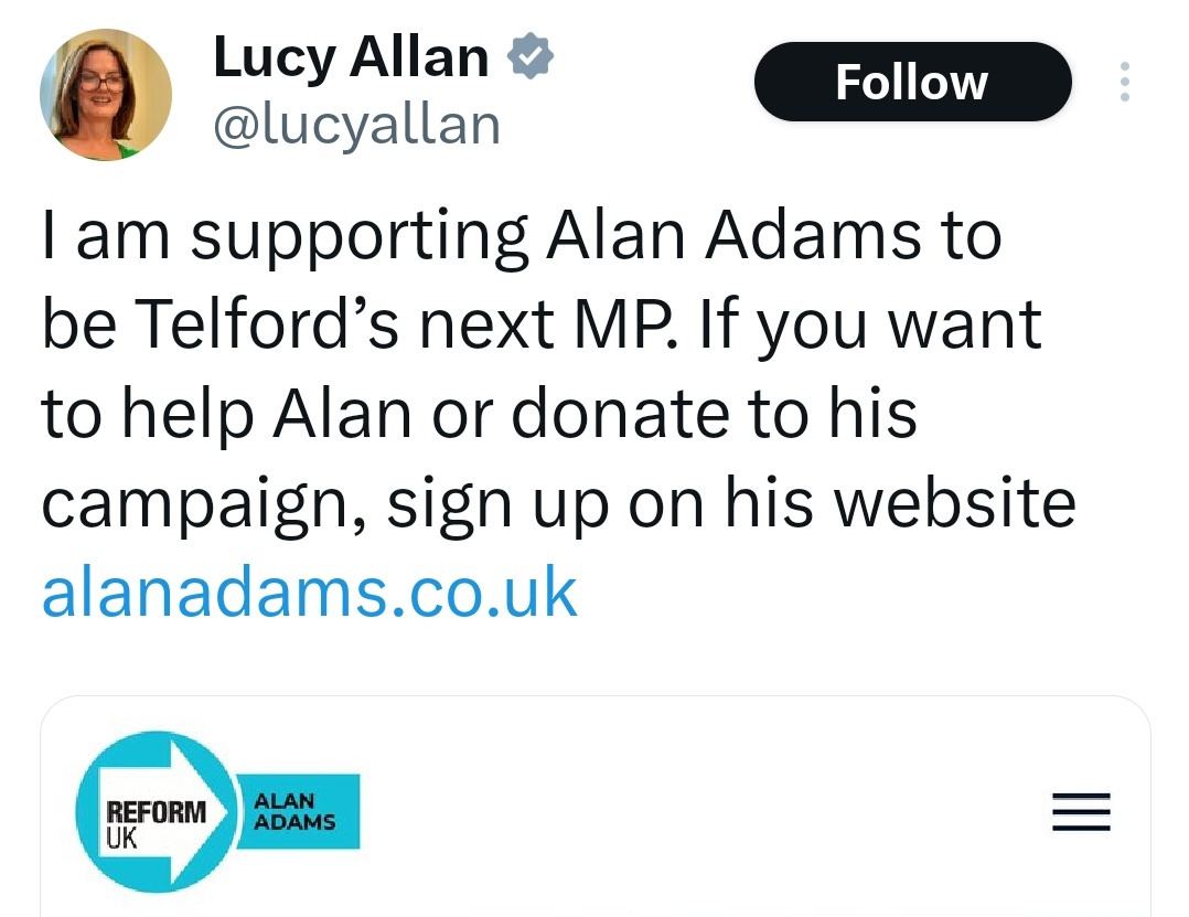 On day five of my triumphant election campaign, Tory MP Lucy Allan is backing the Reform candidate to replace her after the election. Even Tory MPs aren't voting Tory.