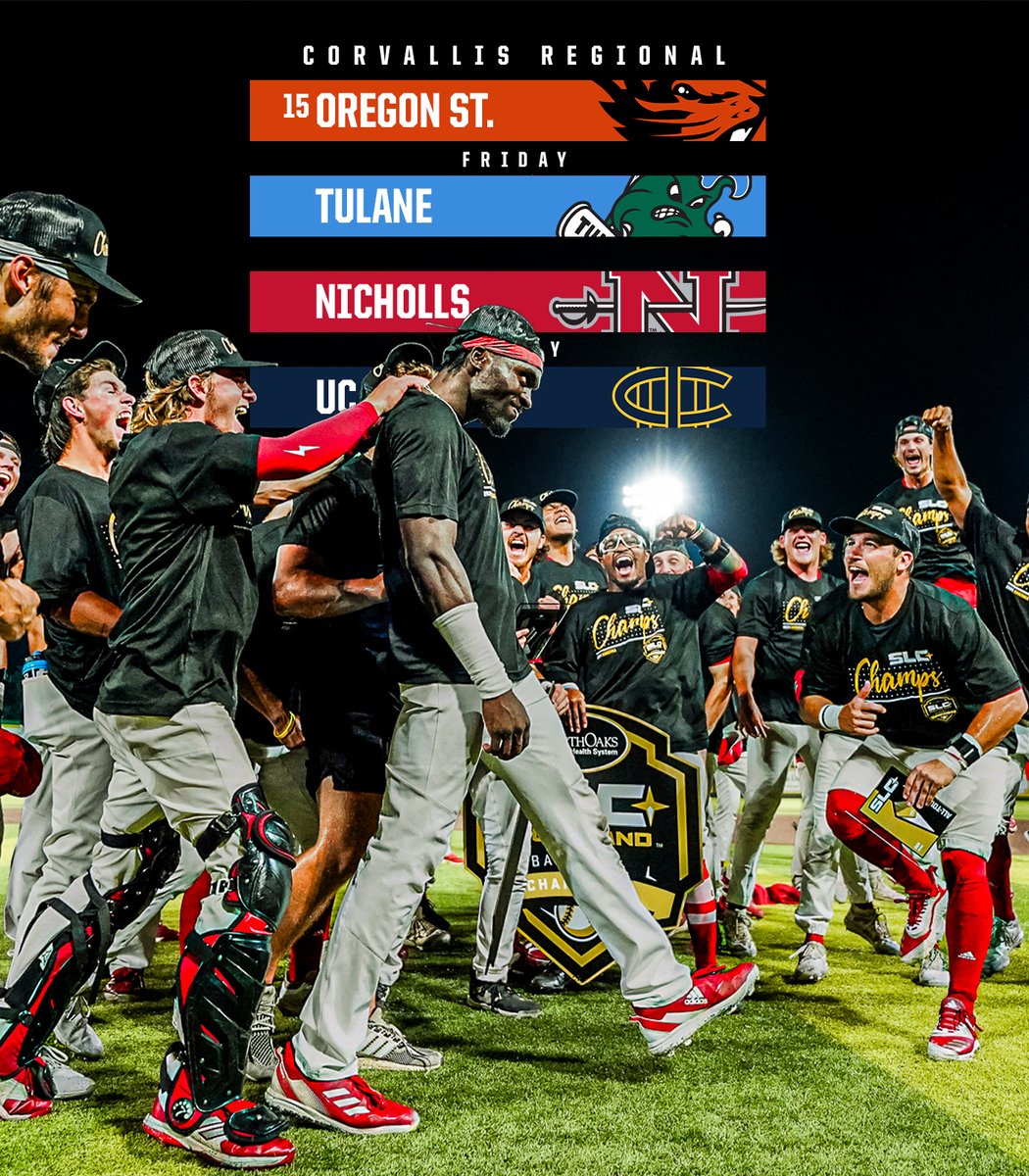 COLONELS ARE CORVALLIS BOUND ⚔️

The back-to-back Southland Baseball Tournament Champion Nicholls Colonels are heading to the Corvallis Regional with Oregon State, UC Irvine, and Tulane.

The Colonels will take on the Anteaters on Friday.

#EarnedEveryDay