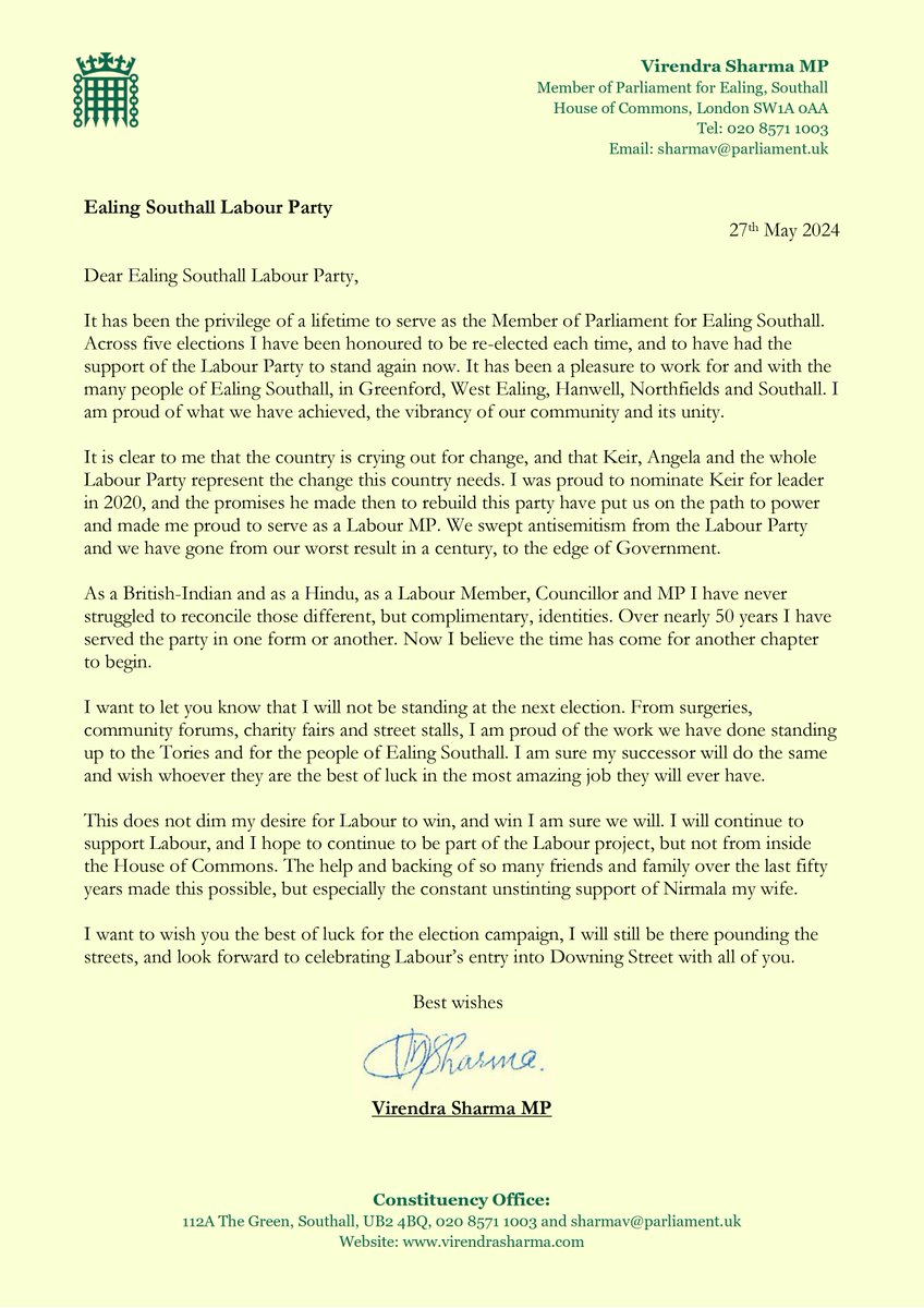 It has been the pleasure of a lifetime to represent Ealing Southall, but the time has come to step back from the Commons. I have every confidence we will see @Keir_Starmer and @UKLabour in power very soon. I have written to local members letting them know my decision.