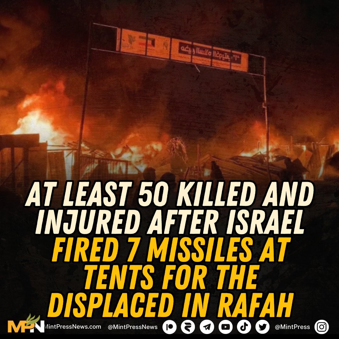 At least 50 people were killed and injured after Israel fired seven missiles at tents for the displaced in Rafah An Israeli air strike on a camp for displaced Palestinians in southern Gaza has killed tens of people when tents caught fire.