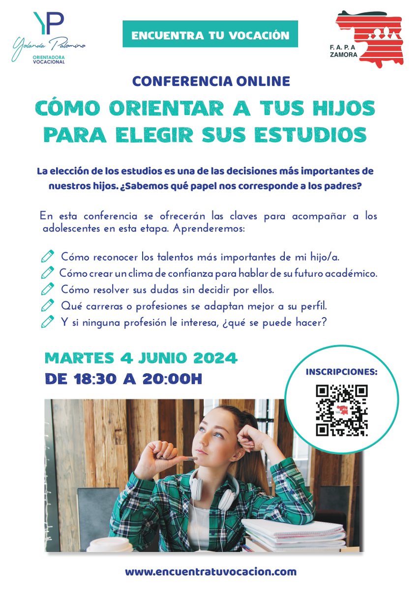 📢 <a href="/FapaZamora/">FapaZamora</a>  organiza la jornada "Orienta a tus hij@s para que elijan bien sus estudios". 

✅ Martes 4 junio 2024 de 18:30 a 20:00 - online.

‼️ 𝗗𝗶𝗳𝘂𝗻𝗱𝗶𝗿 𝗲𝗻𝘁𝗿𝗲 𝗹𝗮𝘀 𝗳𝗮𝗺𝗶𝗹𝗶𝗮𝘀 𝗱𝗲 𝘃𝘂𝗲𝘀𝘁𝗿𝗮 𝗔𝗠𝗣𝗔 ‼️

Apúntate 👉: docs.google.com/forms/d/e/1FAI…
