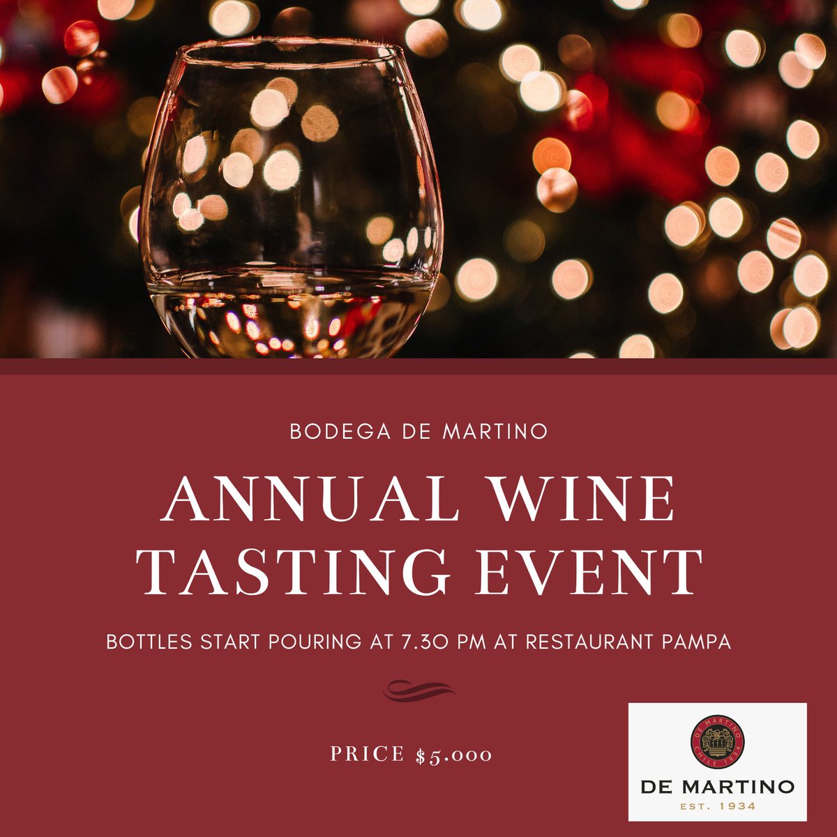 CFASocietyChile (@cfasocietychile) on Twitter photo 🍷Networking Event || Carta de Vino 🍇
📅 06-06-2024
🕖 19:30
🍽️Restaurant Pampa, Av Nueva Costanera 3980, local 2
Auspiciador <a href="/DeMartinoWines/">Viña De Martino</a>
Miembros pueden asistir $5.000
Revisa tu correo electrónico para inscribirte
CFA Society Chile subsidia comida y vinos
Cupos Limitados 🍷Networking Event || Carta de Vino 🍇
📅 06-06-2024
🕖 19:30
🍽️Restaurant Pampa, Av Nueva Costanera 3980, local 2
Auspiciador <a href="/DeMartinoWines/">Viña De Martino</a>
Miembros pueden asistir $5.000
Revisa tu correo electrónico para inscribirte
CFA Society Chile subsidia comida y vinos
Cupos Limitados