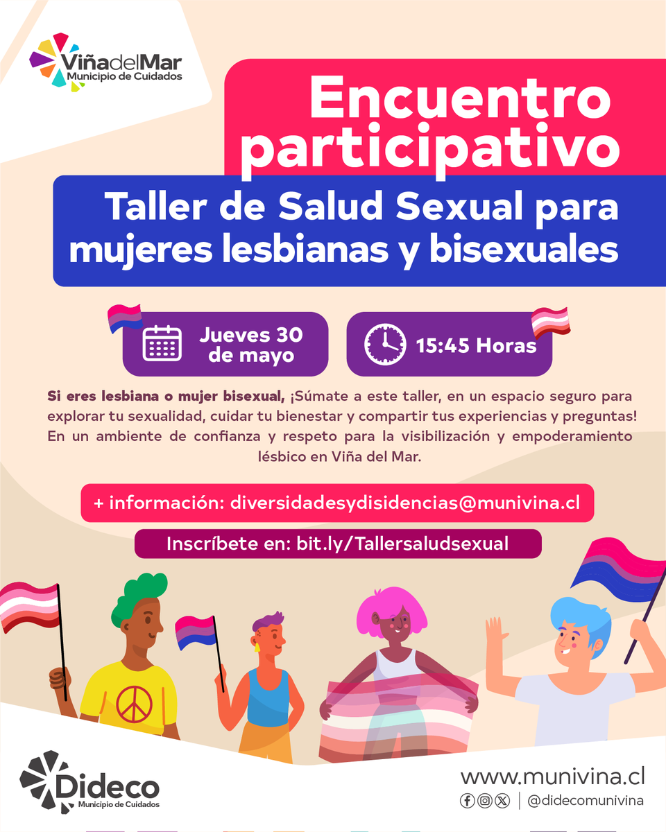 𝐓𝐚𝐥𝐥𝐞𝐫 𝐝𝐞 𝐒𝐚𝐥𝐮𝐝 𝐒𝐞𝐱𝐮𝐚𝐥 𝐩𝐚𝐫𝐚 𝐌𝐮𝐣𝐞𝐫𝐞𝐬 𝐋𝐞𝐬𝐛𝐢𝐚𝐧𝐚𝐬 𝐲 𝐁𝐢𝐬𝐞𝐱𝐮𝐚𝐥𝐞𝐬 🌈

Contamos con un espacio seguro para compartir experiencias  Puedes inscribirte en: bit.ly/Tallersaludsex… o escribirnos a diversidadesydisidencias@munivina.cl